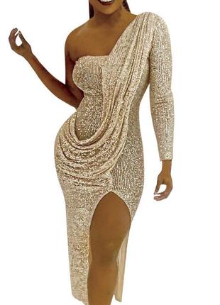 Золотое блестящее длинное миди вечернее платье нарядное паетками на одно плечо рукав разрезом2 фото