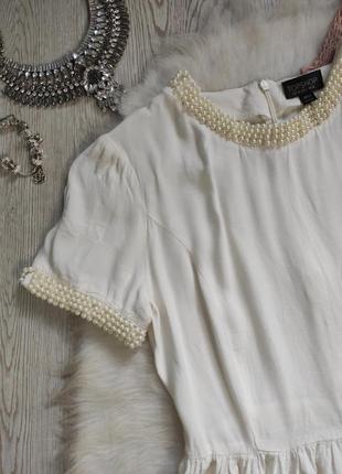 Белое натуральное короткое платье с жемчугом на рукаве воротнике вискоза бусинами6 фото