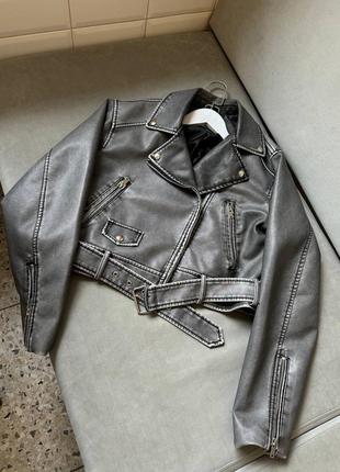 Винтажная косуха серый цвет графит куртка с поясом на замке кожаная эко