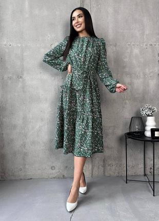 Женское роскошное легкое летнее длинное макси зеленое платье с цветочным принтом и длинным рукавом.