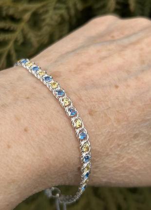 Серебряный женский браслет в жёлто голубых цветах, плетение "арабский бисмарк", серебро 925 проба