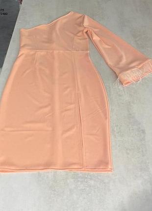 Стильное платье с одним рукавом и перьями