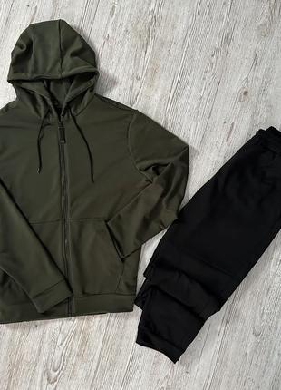 Демісезонний базовий спортивний костюм кофта на змійці хакі + штани (двонитка)🟢
