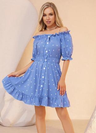 Блакитна сукня в горох із рюшами4 фото