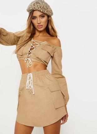 Розпродаж костюм prettylittlething комплект натуральний asos спідниця + топ мілітарі сафарі9 фото