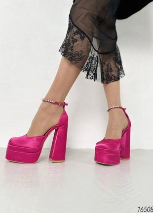 Женские туфли на высоком каблуке, фуксия, сатин5 фото
