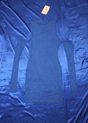 Мини платье плаття с открытыми плечами длинным рукавом короткое синее сексуальное яркое приталенное9 фото