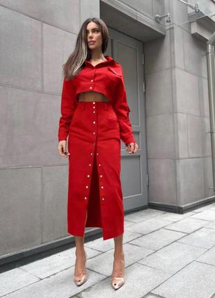 Неймовірно стильний якісний стильний червоний костюм комплект куртка + спідниця джинс бенгалін