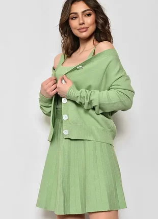 Елегантний в'язаний костюм-трійка комплект майка кардиган і спідниця