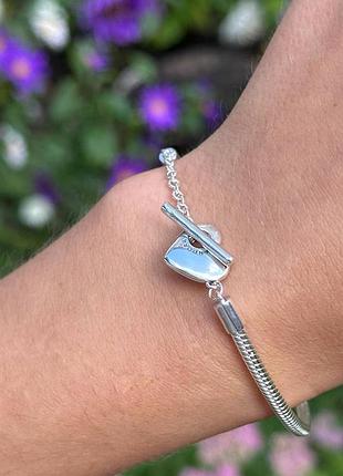 Серебряный браслет pandora с t-застежкой в виде сердца