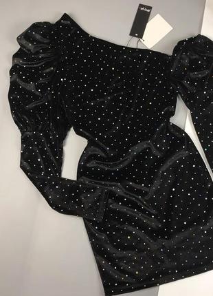 Чорна сукня міні з блискітками nasty gal на одне плече, з рукавами2 фото