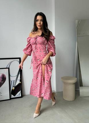 Сукня жіноча довга міді базова нарядна квіткова рожева блакитна зелена сіра чорна весняна на весну гарна повсякденна платя з декольте нарядна святкова4 фото