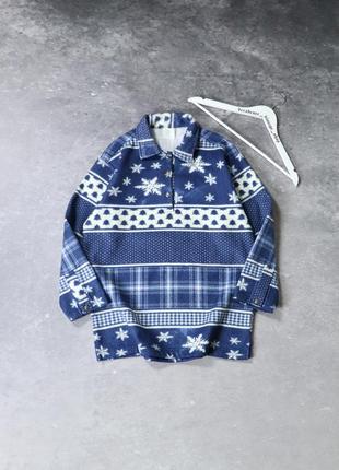 Винтажный флисовый фуллпринт аутдор лонгслив с80-90х. american vintage retro fullprint fleece jacket tnf arc’teryx xmas новогодний снежинки зима