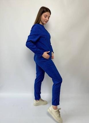 Костюм женский однотонный оверсайз кофта брюки с карманами качественный стильный электрик хаки2 фото