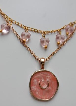 Ожерелье луна с розовой эмалью и подвесками2 фото