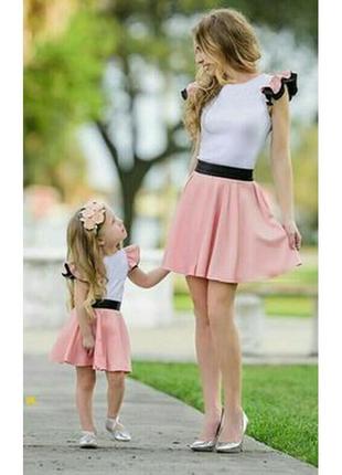 Костюм спідниця полусолнце блузка рукава крила для доньки дитяче з комплекту фемелі лук(мама донька, парні комплекти)