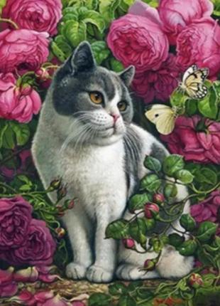 Набір для творчості алмазна картина троянди та кіт стратег 40х50см (sk85996)