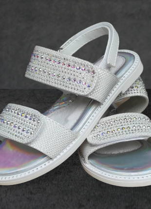 Босоножки сандалии для девочки белые, серебро с камнями, стразами