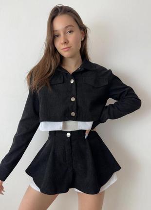 Черный премиальный вельветовый костюм мини юбка+укороченный пиджак s m l ⚜️ костюм весна 2023