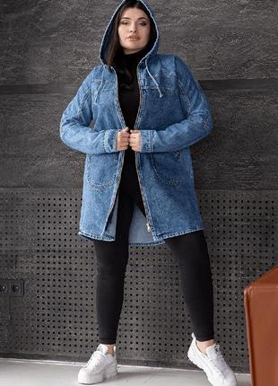 Джинсова жіноча куртка довга з капюшоном вд-9 великих розмірів 52-58 розміри3 фото