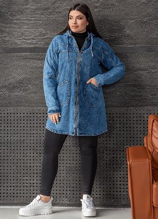 Джинсова жіноча куртка довга з капюшоном вд-9 великих розмірів 52-58 розміри