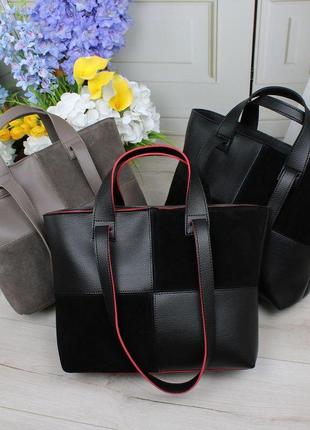 Жіноча сумка-шопер велика із замшевими вставками чорна8 фото