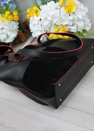 Жіноча сумка-шопер велика із замшевими вставками чорна5 фото