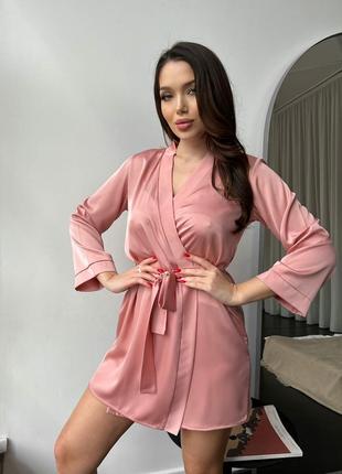 Женская шелковая пижама 3ка (халат + топ + шорты)  xs-s - розовый7 фото