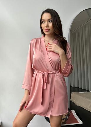 Женская шелковая пижама 3ка (халат + топ + шорты)  xs-s - розовый8 фото