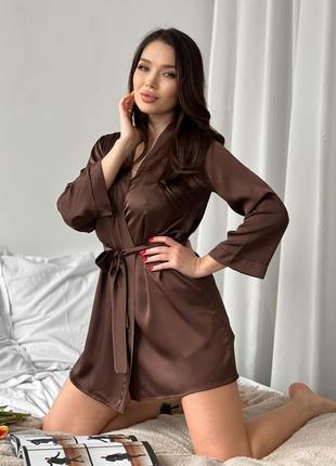 Женская шелковая пижама 3ка (халат + топ + шорты)  xs-s - коричневый2 фото