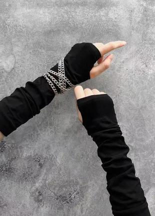 Митенки черные трикотажные. длинные перчатки без пальцев (унисекс)1 фото