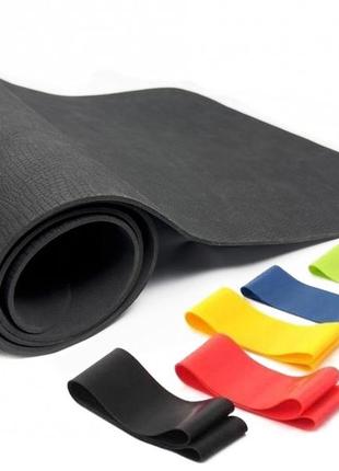 Набір для фітнесу та йоги: килимок для тренувань slimfit розміром 1800х600х4 мм та 5 резинок-еспандерів