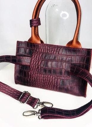 Бордово-коричневая кожаная сумочка под рептилию4 фото