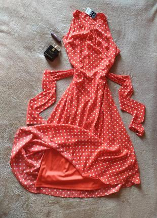 Шикарное качественное длинное шифоновое красное платье с ремнем в горошек