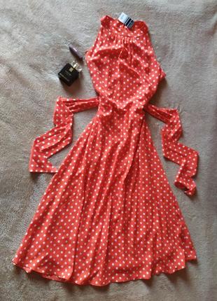Шикарное качественное длинное шифоновое красное платье с ремнем в горошек2 фото