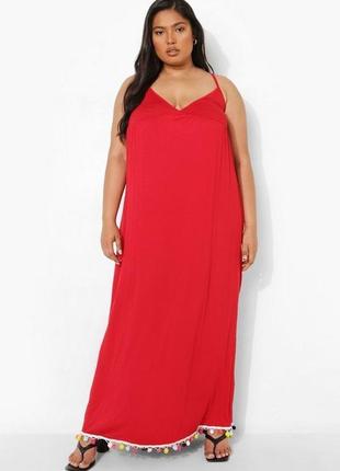 Красный свободный макси-платье с цветными помпонами boohoo, ххl1 фото