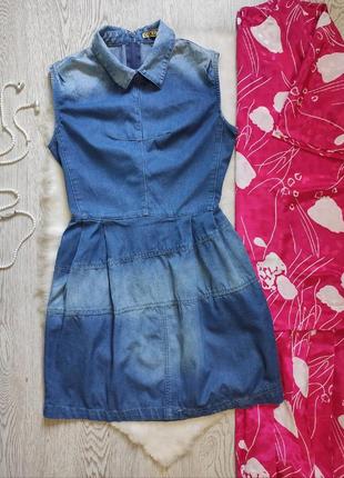 Синее голубое джинсовое платье сарафан короткое с воротником карманами градиент olko