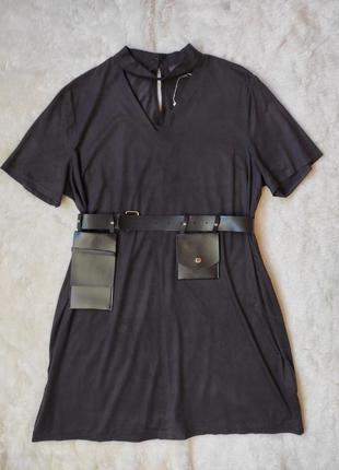 Черное замшевое короткое платье мини с чокером вырезом на шее стрейч батал большого размера4 фото