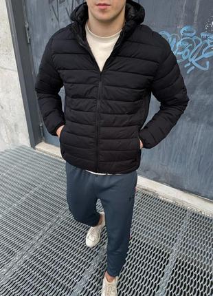 Куртка мужская демисезонная короткая стеганая с капюшоном черная курточка стеганная весенняя базовая однотонная s-xl