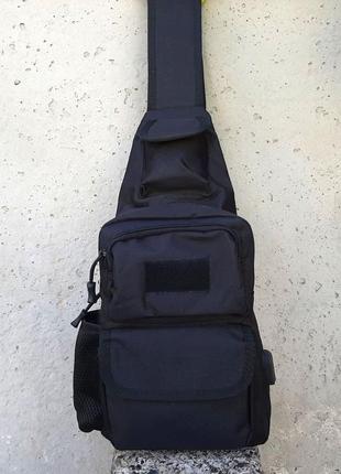Черная тактическая сумка-рюкзак, борсетка однолямочная + usb выход4 фото