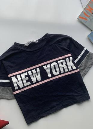 👚стильный топ с надписью new york/тёмно синяя укорочённая футболка👚