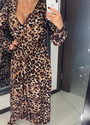 👗крутое коричневое платье леопардовый принт/леопардовое платье миди с декольте👗4 фото