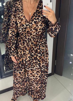 👗крутое коричневое платье леопардовый принт/леопардовое платье миди с декольте👗2 фото