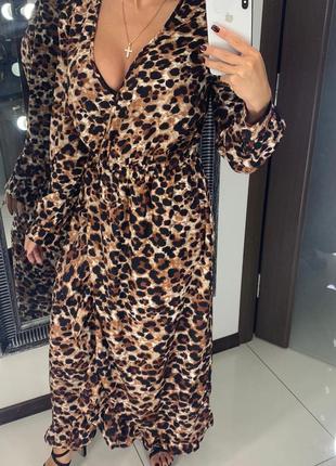 👗крутое коричневое платье леопардовый принт/леопардовое платье миди с декольте👗3 фото