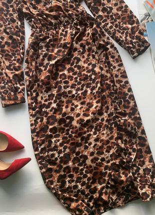 👗крутое коричневое платье леопардовый принт/леопардовое платье миди с декольте👗9 фото