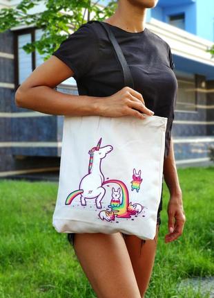 Текстильная сумка-шоппер  с изображением единорога "f..ck these tales" белая2 фото