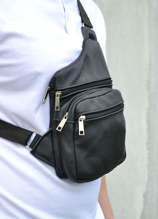 Чоловіча сумка з натуральної шкіри, тактична сумка - месенджер чорна, тактична сумка на груди7 фото