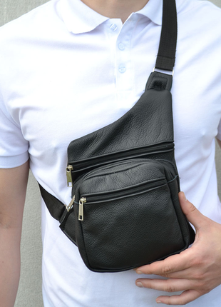 Чоловіча сумка з натуральної шкіри, тактична сумка - месенджер чорна, тактична сумка на груди9 фото