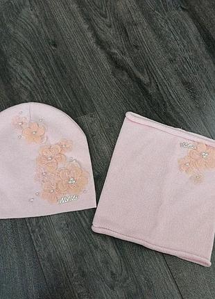 Комплект детский для девочек. шапка+ баф. тонкая вязка. весенний.