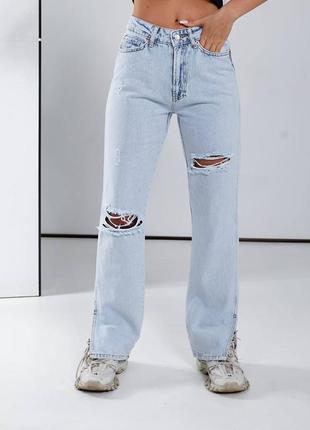 Трендовые женские джинсы трубы рваные широкие
